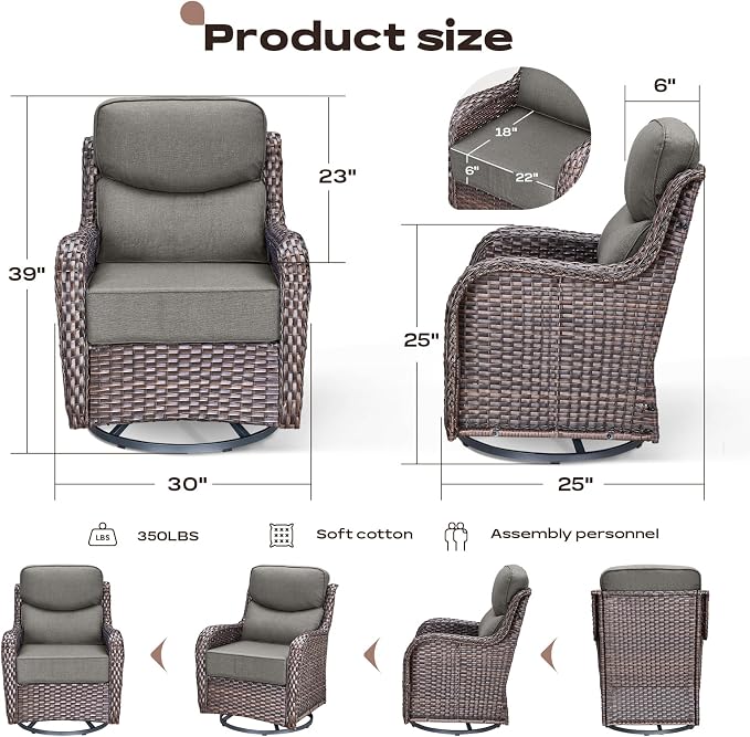 Rilyson Outdoor Patio Furniture Set - Weather Resistant Wicker,High Back,6 inch Cushions,6 Piece Patio Furniture Set with Swivel Rocker Chairs and Side Table for Deck Porch Yard,Brown/Grey