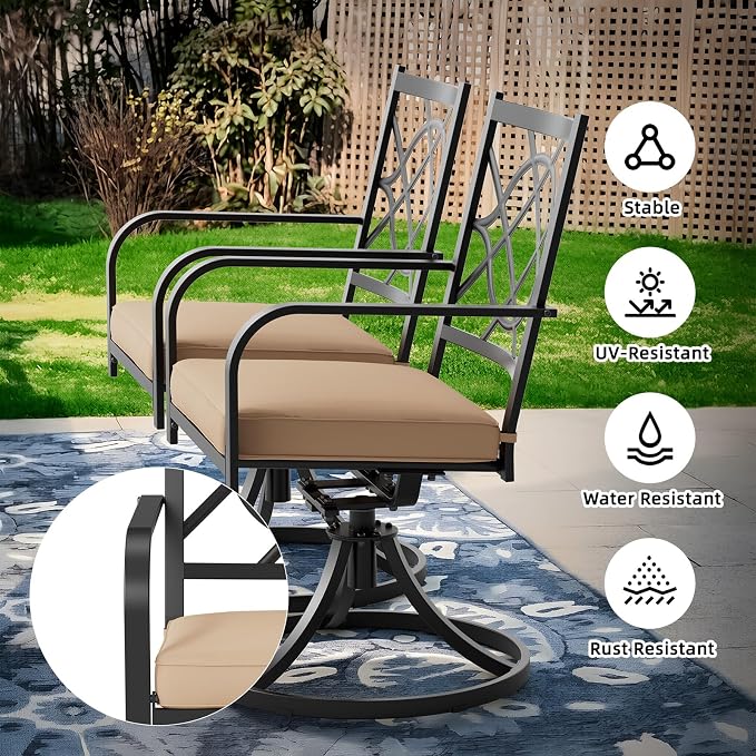 6 Piece Patio Dining Set Outdoor Furniture Set, Square Metal Patio Dining Table with Umbrella Hole & 9FT Patio Umbrella 4 Swivel Dining Chairs for Garden Lawn Yard