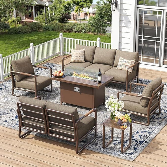 7-Seat Aluminum Patio Conversation Set, Modern Outdoor Sofa with Oversized Fire Pit Table (Glass Wind Guard), 6.5" Thick Cushions, All-Weather for Balcony, Garden (Brown)