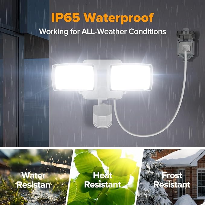 LUTEC 21W White Plug in Motion Sensor Light Outdoor, Flood Lights Outdoor Motion Sensor,2500LM, 5000K Daylight,IP65 Waterproof,Adjustable 2 Heads Wall Light for Garage, Porch, Yard