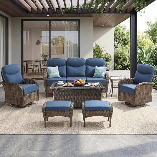 Outdoor Swivel Rocking Chair Patio Set (7-Piece), High-Back - Thick Cushion Swivel Rocking Chair Patio Set, All-Weather Wicker Patio Furniture Set, Suitable for Balcony Patios, Brown/Blue