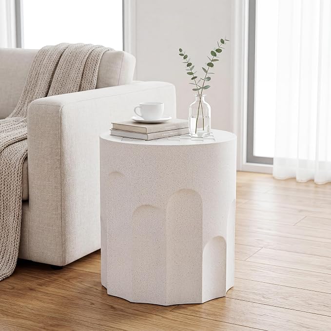 SUNBURY Outdoor Side Table w Chessboard, 15" W Concrete End Table, Patio Side Table Lightweight MgO, Round Accent Tables, Garden Stool Plant Stand for Yard, Front Porch, Spotted White