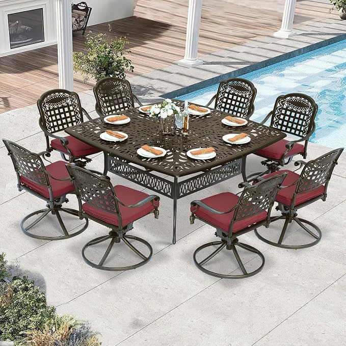 9 Piece Outdoor Patio Dining Set for 8, Cast Aluminium Large Square Dining Table & 8 Swivel Rocker Chairs with Removable Cushions, Umbrella Hole, Patio Furniture Set for Garden, Chili Red
