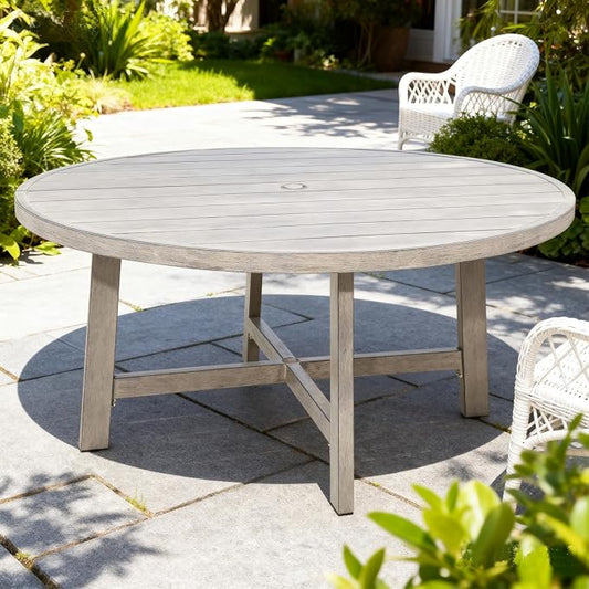 Ulax furniture Outdoor Dining Table 60 Inch Round - Aluminum Patio Table with Umbrella Hole, Weather-Resistant Garden Table for 6 (Grey)