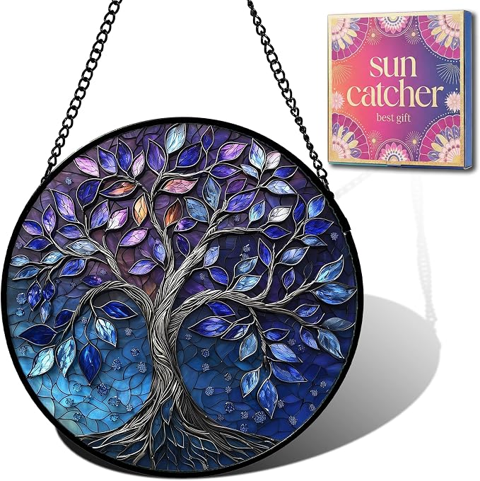 Birthday Gifts for Women - Blue Tree of Life Faux Stained Glass Window Hanging Sun Catcher for Door Garden Acrylic Decor Mother's Day Christmas for Mom Nana Grandma Sisters Wife 9.8"