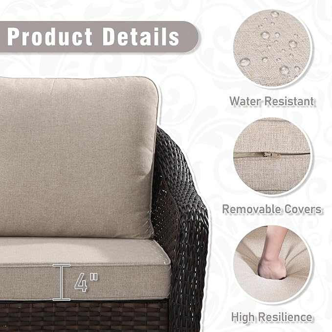 8 Piece Patio Wicker Conversation Set, All-Weather Use Outdoor Wicker Sofa with 2 PE Rattan Ottomans,2 Chair, 2 Swivel Chair, 1 Side Table, Ideal for Porch, Backyard, Balcony, Poolside, Beige