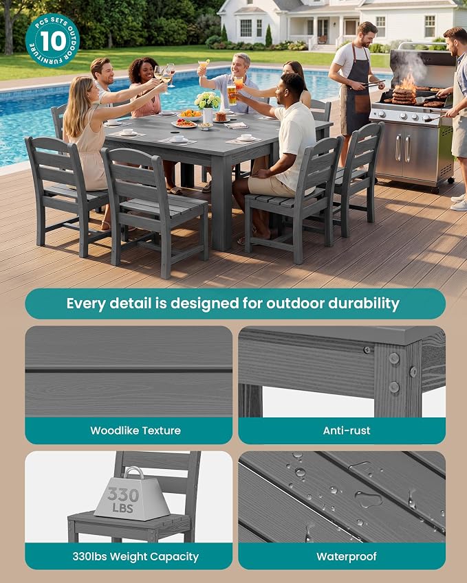 SERWALL 59" Outdoor Dining Set for 8, HDPE Dining Set, Gray | Include 2 Rectangular Tables and 8 armless Chairs, All Weather Dining Sets for Garden, Backyard