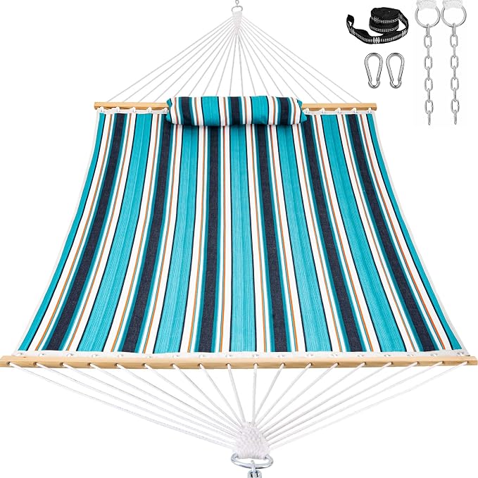 Lazy Daze Hammocks 12 FT Sunbrella Fabric Quilted Hammock Double Sunbrella Quilted Hammock with Spreader Bars & Pillow, All Weather and Fade Resistant for Outdoor, 450 lbs Capacity, Token Surfside