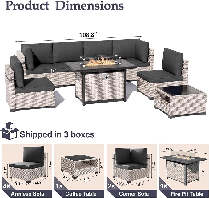 Patio Furniture Set, 8-Piece Outdoor Sectional Sofa with 60,000 BTU Fire Pit Table & 2-Layer Glass Coffee Table, Wicker Patio Conversation Set with Black Cushions