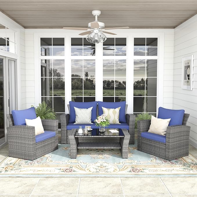 FansaFurn 4-Piece Outdoor Patio Furniture Set, All Weather Wicker Rattan Sectional Sofa Conversation Seating Set with Cushions & Large Glass Coffee Table, Ideal for Garden Backyard Porch, Blue
