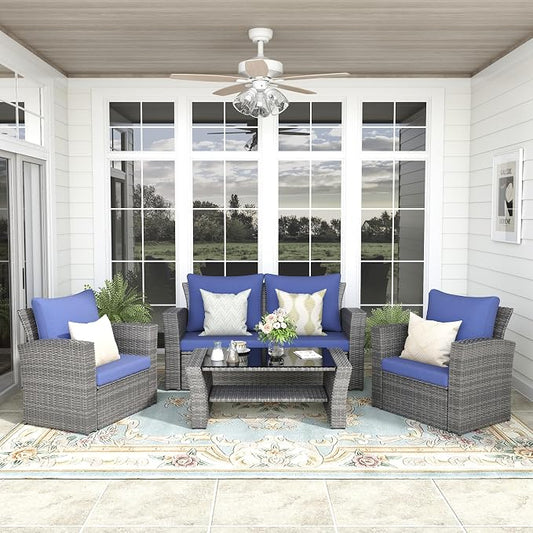 FansaFurn 4-Piece Outdoor Patio Furniture Set, All Weather Wicker Rattan Sectional Sofa Conversation Seating Set with Cushions & Large Glass Coffee Table, Ideal for Garden Backyard Porch, Blue