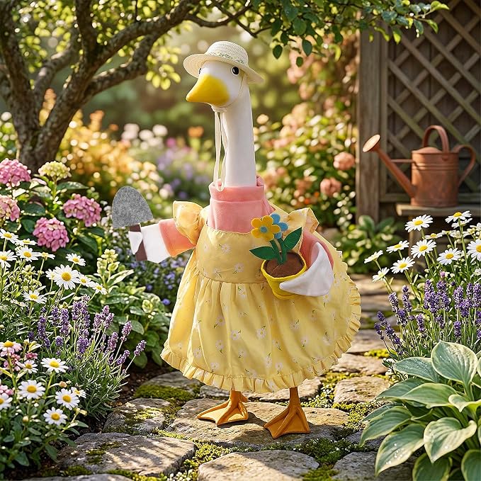 Erythem Gardener Porch Goose Outfits, Cute Spring Porch Goose Clothes with Straw Hat, Shovel & Flower Pot Fits 23" Cement Plastic Geese Statue for Outdoor Garden Yard Decor