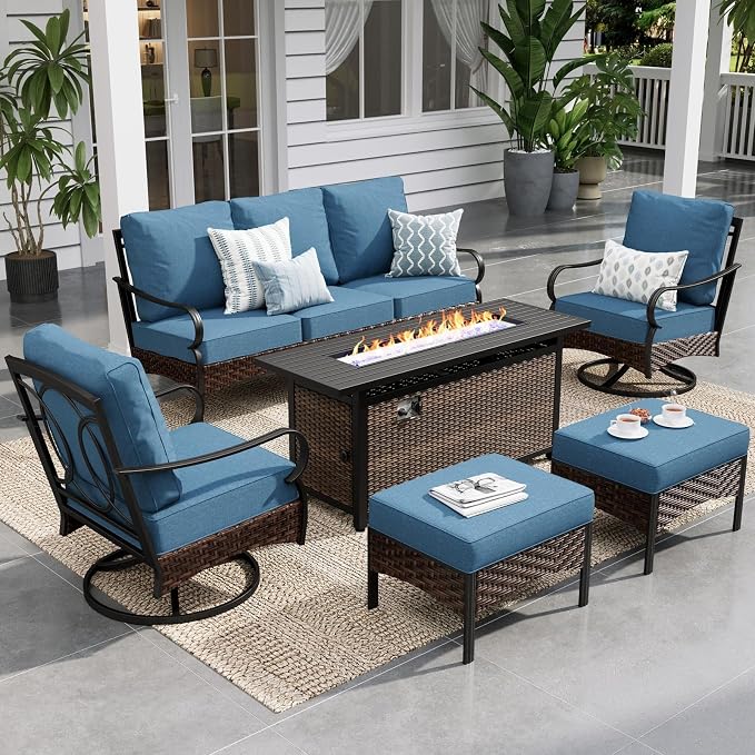 Sophia & William Patio Furniture Set with 56" Fire Pit Table, Metal Outdoor Conversation Set Patio Sectional with 3-Seater Sofas, 2 Swivel Chairs, 2 Ottomans, 1 Firepit Table for Porch Deck, Navy