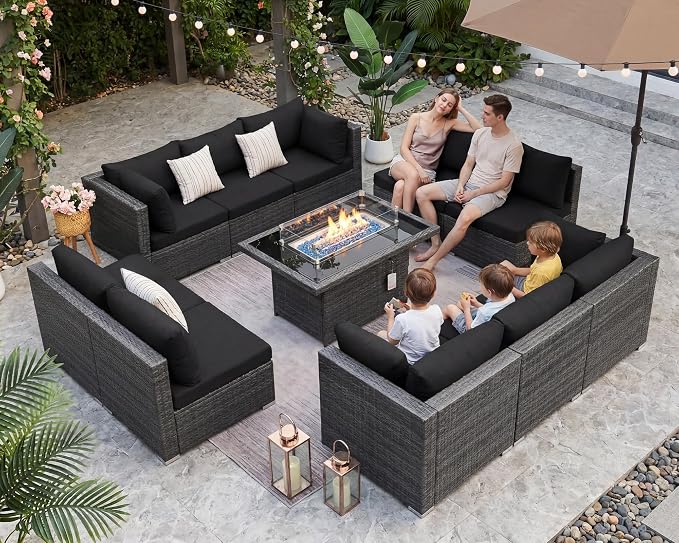 BULEXYARD 11 Piece High Back Outdoor Patio Set with Firepit, Extra Large Backyard Furniture Sectional Couch 10-Seater Modular, XL Big Wide Deep Outside Seating Area for Exterior, Grey & Black