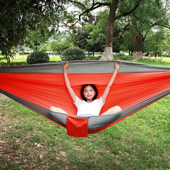 Portable Camping Travel Single Hammock, Lightweight Hanging Bed with Tree Straps and Metal Buckles, 300kg Capacity Nylon Hammock for Outdoor Hiking Backpacking (with Tree Gray and Orange)