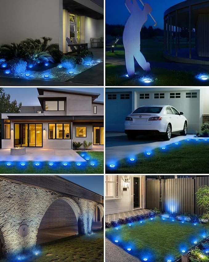 btfarm 16 Pack Solar Lights Outdoor, 8 LED Solar Ground Lights IP65 Waterproof Flat Solar Disc Light, Pathway Lights for Garden Lawn Patio Yard Path Landscape, Blue