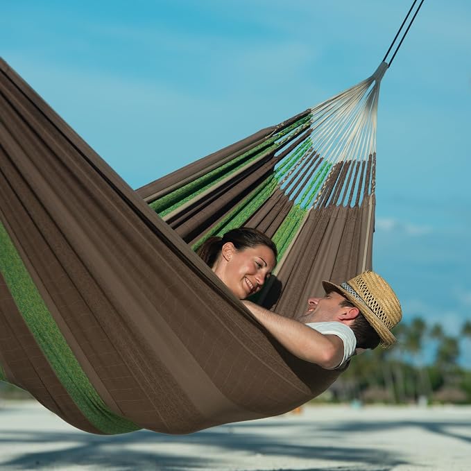 LA SIESTA Flora Classic Cotton Hammock with TreeMount & Straps - Extra Large Patio & Indoor / Outdoor Hammock Bed, 2 Person King Size, Chocolate
