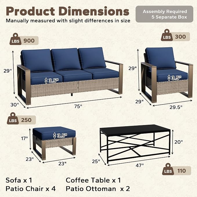 8 Pieces Metal Wicker Patio Furniture Set - 75" Sofa, Four Armchairs and Two Ottomans, One Coffee Table All Weather Rattan Outdoor Conversation Furniture with Washable Cushion for Deck, Dark Blue