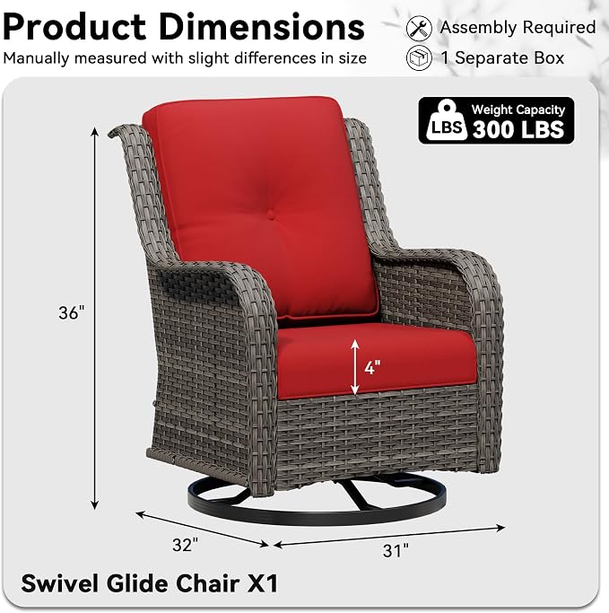 Outdoor Swivel Rocker Patio Chair - Outdoor Wicker Patio Furniture with Thickened Olefin Cushions, High Back and Deep Seating, Hand-Woven PE Rattan for Porch, Deck, Balcony, Red