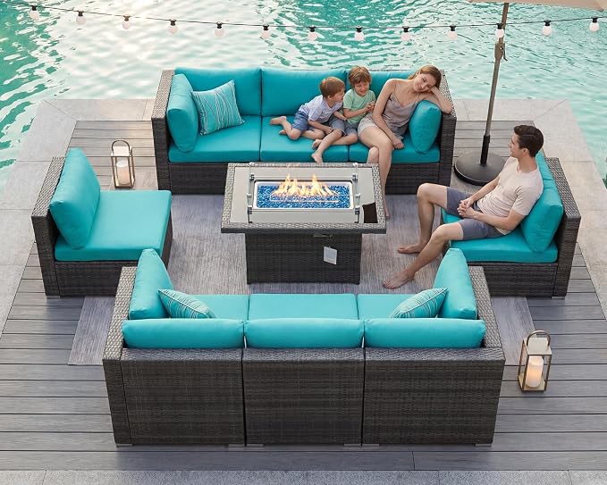 BULEXYARD 9 Piece High Back Outdoor Sectional Seating with Fire Pit Table, Heavy Duty Sturdy Wicker Patio Set Conversation Couch Sofa, Extra Wide Deep Large 8-Person Deck Furniture Set, Grey & Teal