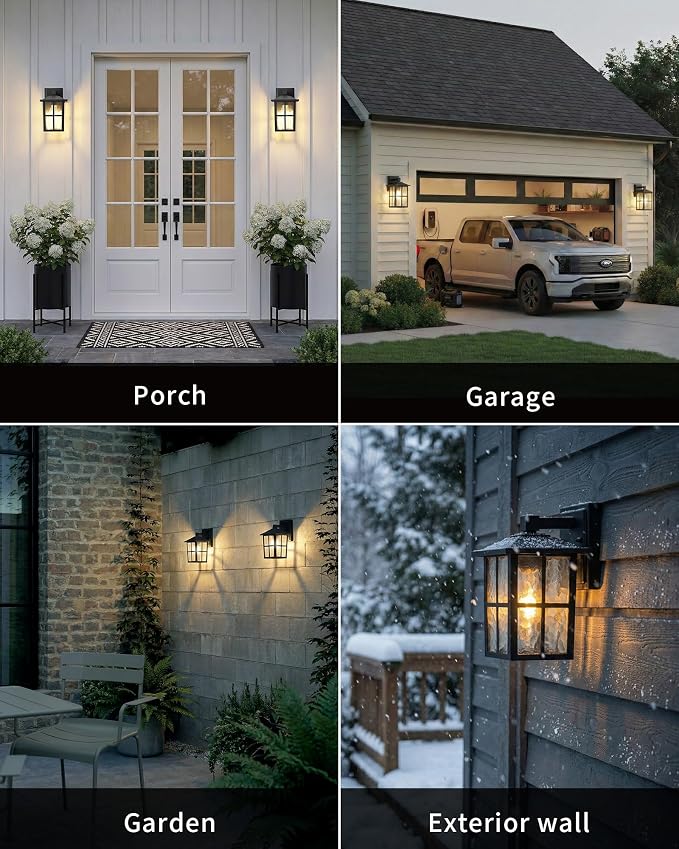 KDG Black Outdoor Waterproof Modern Patio Wall Light Fixtures Set of 2 | E26 Socket Exterior Lanterns & Sconce with Tempered Glass, Wall Mounted Lamps for Home, Front Door, Garden, Garage, Porch