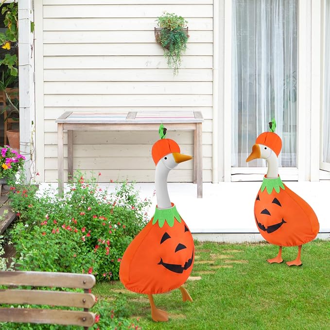 Halloween Goose Outfit Pumpkin Goose Costume Cute Goose Clothes Porch Goose Outfits for Cement Goose Halloween Outdoor Patio Yard Lawn Statueart Goose Duck Decoration