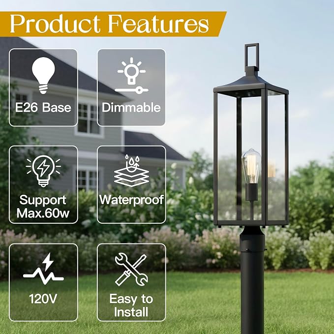 25.6” Hardwired Outdoor Post Lamp for Residential Sidewalk Lamp Post Outdoor Lighting for Exterior Gate Post Pier Mount Lights Large Size Steel and Glass 25.6inch Exterior Pillar Lantern, E26
