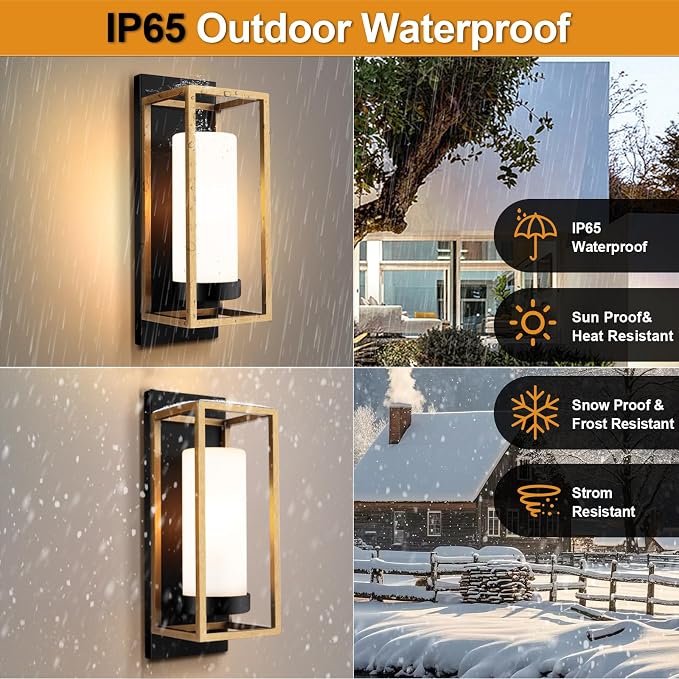 ALVIME Black and Gold Wall Sconce, Modern Outdoor Wall Lights, Hardwired Exterior Porch Light Fixtures, Waterproof Front Door Lighting with E26 Base for House Garage Patio