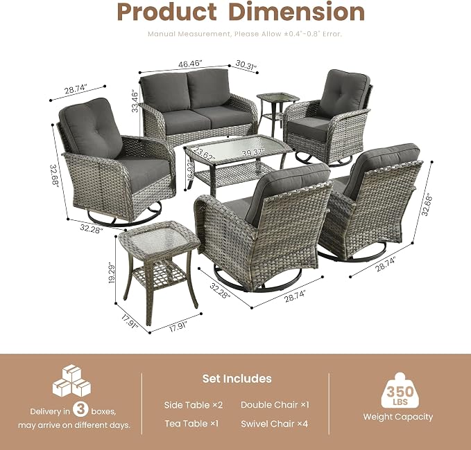 8 Piece Wicker Patio Furniture Set with Swivel Chairs, Black | 4 Swivel Rocker Chairs, High Back Loveseat Sofa, Coffee Table, Rattan Outdoor Conversation Set, Porch Deck Backyard Poolside