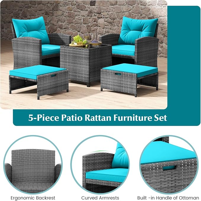 COSTWAY 5-Piece Rattan Conversation Set, Outdoor Wicker Sofa, Tempered Glass Coffee Table & Ottomans for Small Space, Boho Chic Indoor/Outdoor Furniture Set for Poolside, Backyard, Deck (Turquoise)