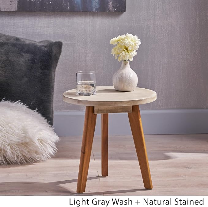 Great Deal Furniture GDFStudio Outdoor Side Table, Farmhouse-Style, Light Gray Acacia Wood Frame