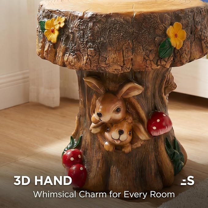 12.6" Resin Rabbit Tree Stump Stool – Whimsical Indoor Outdoor Garden Chair, Decorative Accent Seat for Patio Backyard Terrace, Unique Forest Animal Figurine Decor for Kids Room & Garden