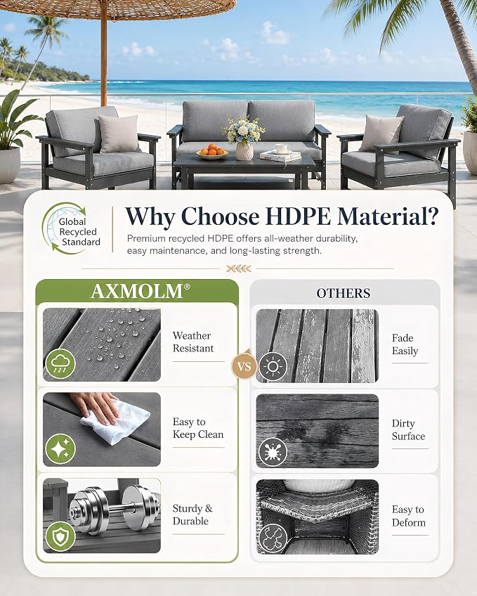 HDPE Outdoor Patio Furniture Set with Cushions, 8 Piece Patio Conversation Set Sofa Set,All Weather Outdoor Couch Set with Coffee Table for Lawn, Garden, Deck