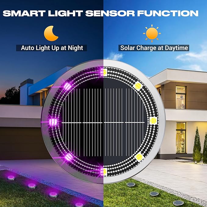 Solar Ground Lights Outdoor, 8 Pack Flat Solar Powered Disc Lights, IP68 Waterproof, Anti-Rust, Landscape Lighting for Pathway Garden Yard Lawn Walkway Landscape Driveway, Purple