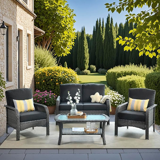 4 Pieces Wicker Patio Furniture - All-Weather PE Wicker Outdoor Conversation Bistro Set Loveseat Chairs with Table,Outdoor Rattan Sofa Chair High Back Deep Seating,Black