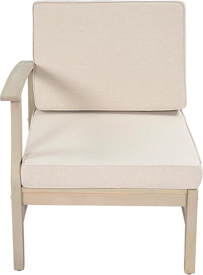 Christopher Knight Home Hugo Acacia Wood Outdoor Patio Furniture Set for 5, V-Shape Patio Sectional Sofa Set with Cushions and Slat Coffee Table, Modern Patio Conversation Set, Light White+Sand