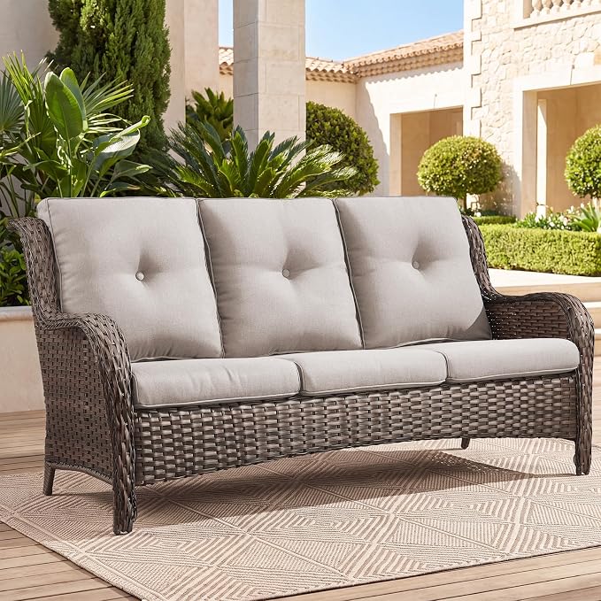 Belord Patio Sofa Luxury PE Wicker 3-Seater Outdoor Couch, Modern All-Weather High Back Deep Seat Woven Furniture Set for Porch, Deck, Balcony, Backyard - Brown/Beige