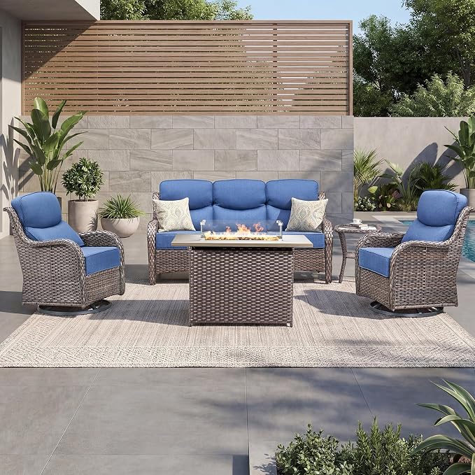 Luxury Patio Furniture Set with 6-inch Thick Cushion, Outdoor Furniture with Fire Pit Table, Swivel Chairs, Side Table, Sofa, 5pcs Wicker Conversation Set for Deck Yard(Brown Wicker/Blue Cushion)