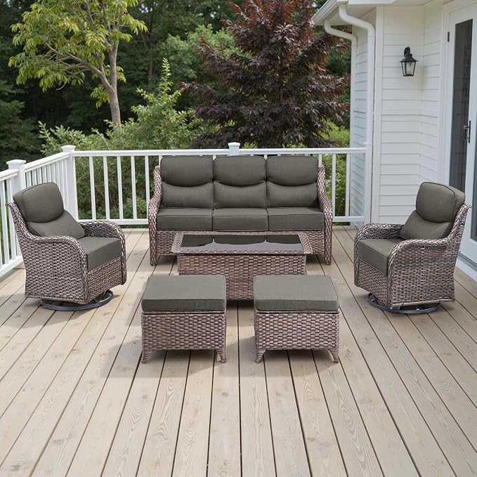 Rilyson Wicker Outdoor Patio Furniture Set - 6 Piece Patio Conversation Sets with Swivel Rocker Chairs, Ottomans, Sofa and Coffee Table, 6 inch Cushions, Deep Seating, for Porch Deck Brown/Grey