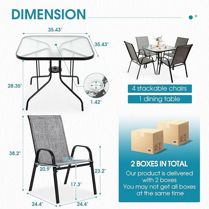 5 Piece Patio Dining Set with Wider 24.4" Stackable Chairs, Outdoor Dining Set for 4 with 36"*36" Table, Black Metal Frame and Gery Textilene