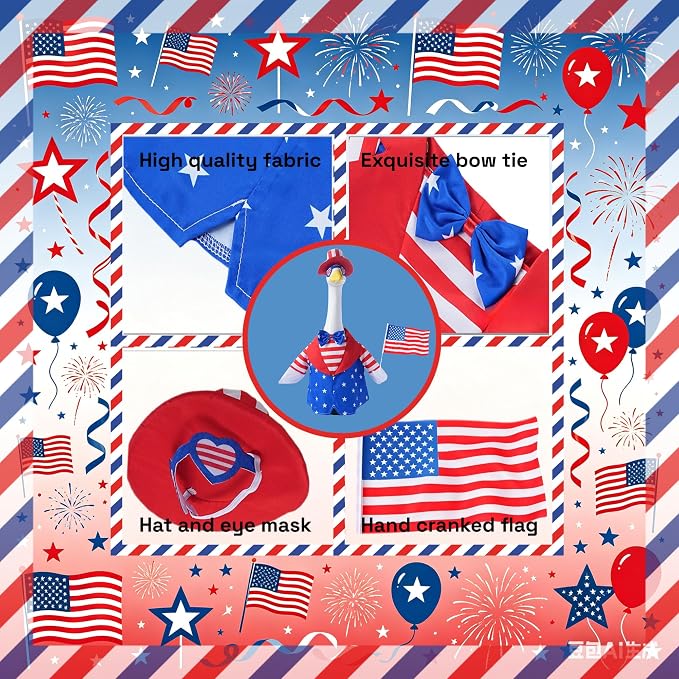 Uncle Sam Porch Goose Outfit for 23" Cement Goose, 4 Pcs 4th of July Patriotic Goose Clothes with Tall Hat, Eye mask,Flag, Patriotic Lawn Yard Decor for Independence Day