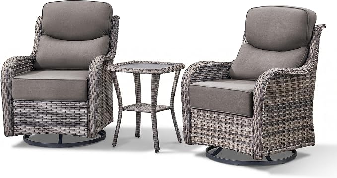 Luxury Outdoor Swivel Rocker Patio Chairs-3 Piece Wicker Patio Rocking Chairs Set of 2 with Glass Side Table 6" Thick Cushions High Back Outdoor Furniture Sets for Deck Porch Balcony(Grey/Grey)
