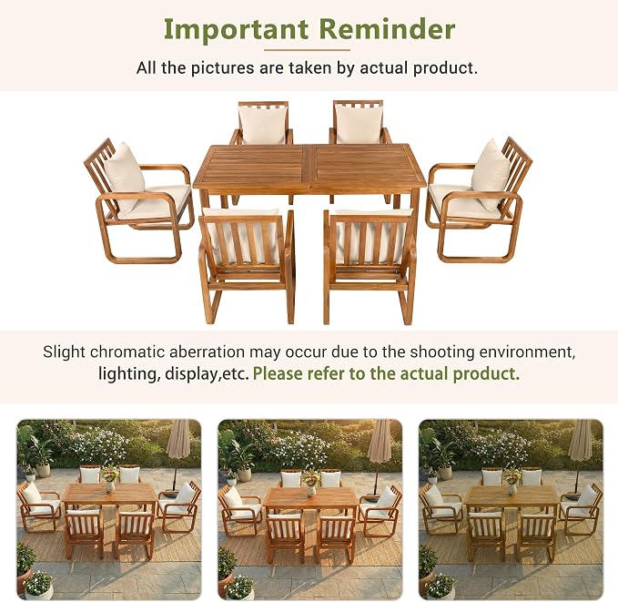 Merax 7-Piece Patio Dining Set, Outdoor Acacia Wood Dining Table and Chairs Set with Cushions for Backyard, Garden, Poolside, Brown