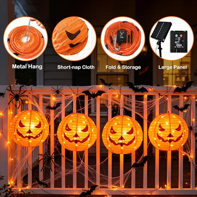 HUGSVIK 4Pcs Solar Pumpkin Lights Outdoor Hanging Halloween Decorations | 12-Inch Jack O Lantern, 160 LEDs & 8 Modes, Waterproof Outdoor Halloween Lights for Yard Porch Trick-or-Treat Party