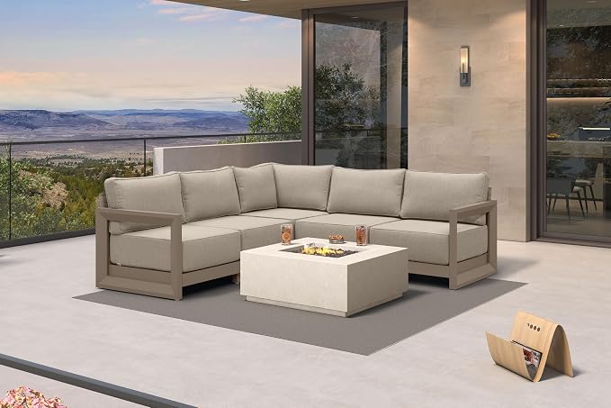 PURPLE LEAF Patio Furniture Set L-Shaped Outdoor Couch with 9.6" Thick Cushion and Soft Pillows 5 Piece Outdoor Sectional Sofas Modern Patio Conversation Sets for Yard Porch Deck Poolside, Khaki