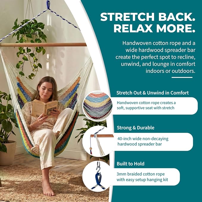 Bliss Hammocks BHC-412 Island Rope Hammock Chair, Eco Friendly & Hand-Woven Recycled Cotton, Varnish Coated 40 Inch Wood Spreader Bar, Easy to Hang w/Included Hanging Kit, Supports up to 265 pounds