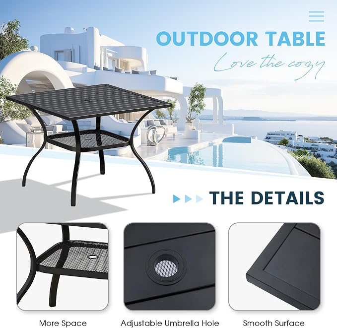 5 Pieces Patio Furniture Dining Set, 4 Textilene Swivel Dining Chairs, 38" Outdoor Square Metal Table with Storage Shelf and 1.57" Umbrella Hole, Outdoor Dining Set for Porch, Lawn, Black/Black