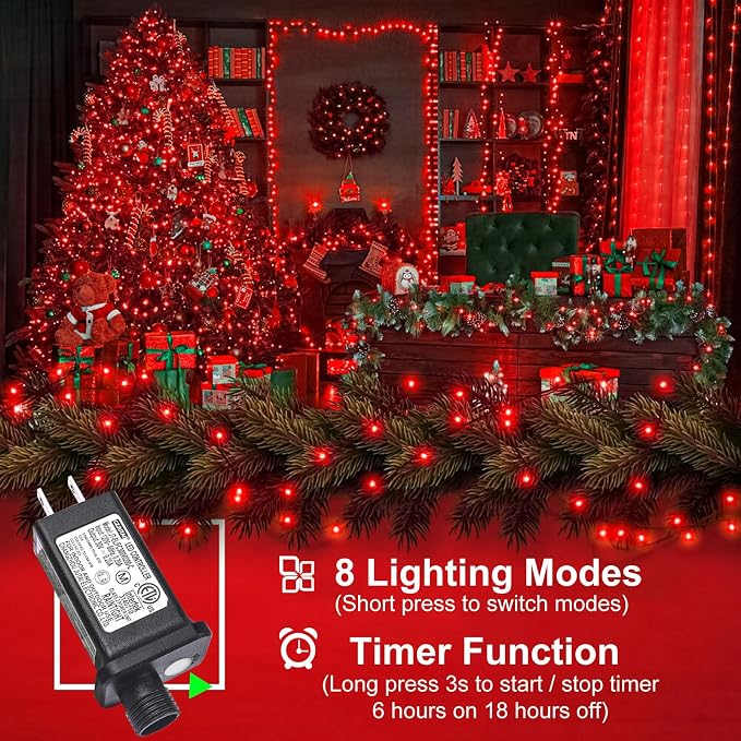 Red Christmas Lights Outdoor, 66FT 200 LED Christmas Tree Lights Indoor | Waterproof 8 Modes Connectable String Lights for Outside Indoor Bedroom Patio Yard Wedding Party Holiday Decorations