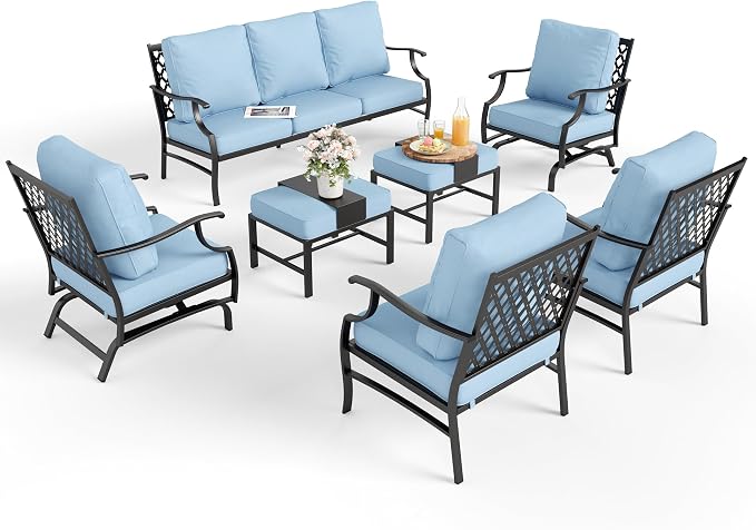 MIXPATIO Patio Furniture Set 7 pcs, Outdoor Patio Furniture, 3-Seat Sofa, 2 Single Chairs, 2 Rocking Chairs, 2 Ottomans and 5.75" Extra Thick Cushion, Patio Conversation Set for Backyard Deck,Blue