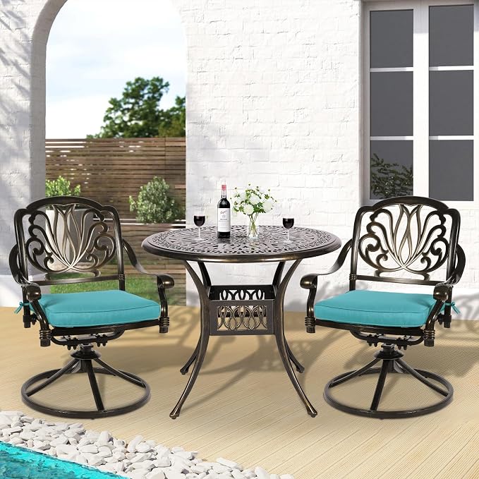 3-Piece Outdoor Patio Dining Set, All-Weather Cast Aluminum Patio Furniture Set for Backyard Garden Deck with 2 Swivel Cushioned Chairs and 35.4” Round Table, 2" Umbrella Hole, Ocean Blue